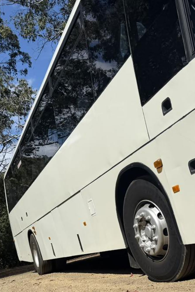 Low-angle view of the side and wheels of a white coach among trees
